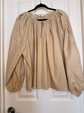 LOFT 100% CottonTan Billowy Peasant Blouse with Gold Buttons